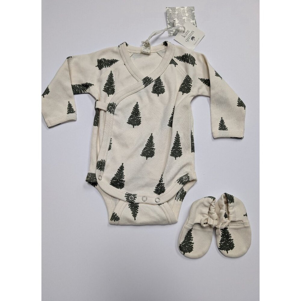 Kate Quinn Organic Cotton Kimono Style Wrap Bodysuit & Booties Pine Trees 3-6